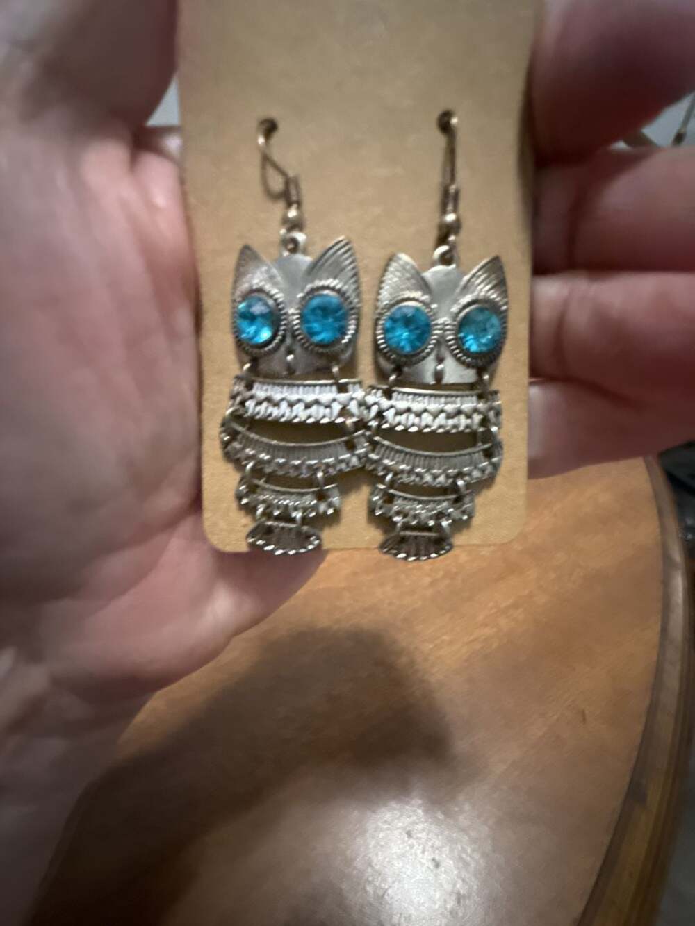 Silver Tone Owl Dangle Earrings with Blue Rhinestone Eyes